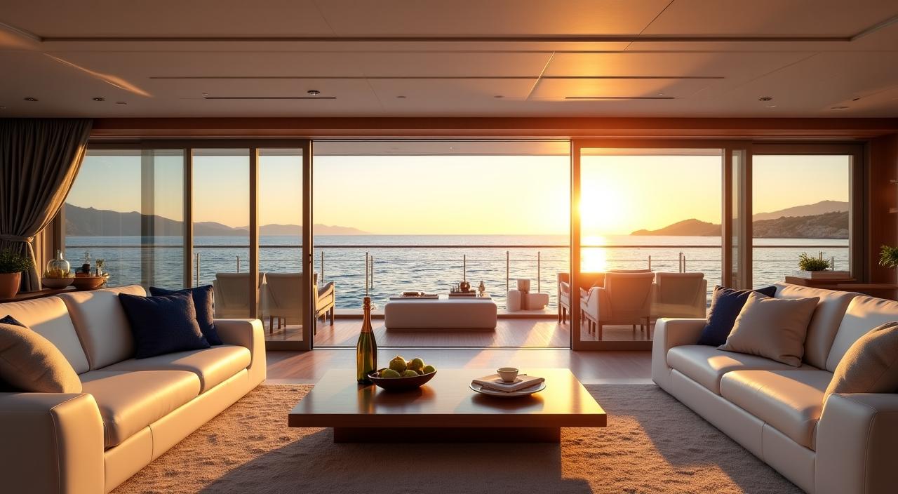 Interni di lusso di un yacht moderno con vista mare