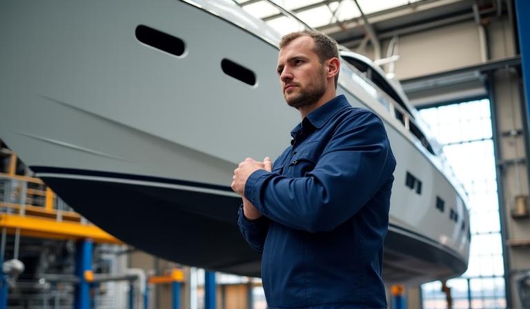 Artigiano di Nautica Gilda che ispeziona uno yacht in cantiere
