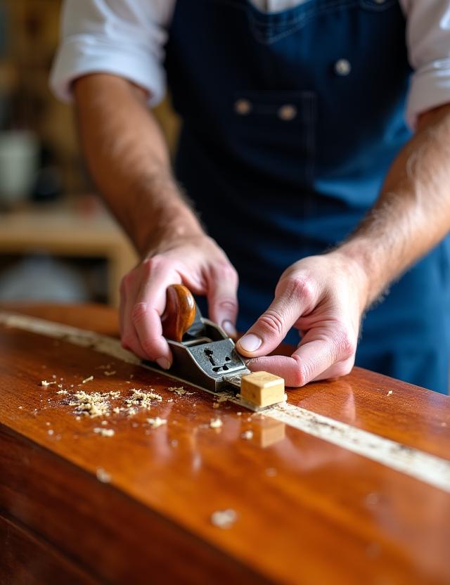 Artigiano che lavora sul fasciame in legno di una barca d'epoca